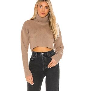 Revolve tan cropped turtleneck sweater with cup seaming details